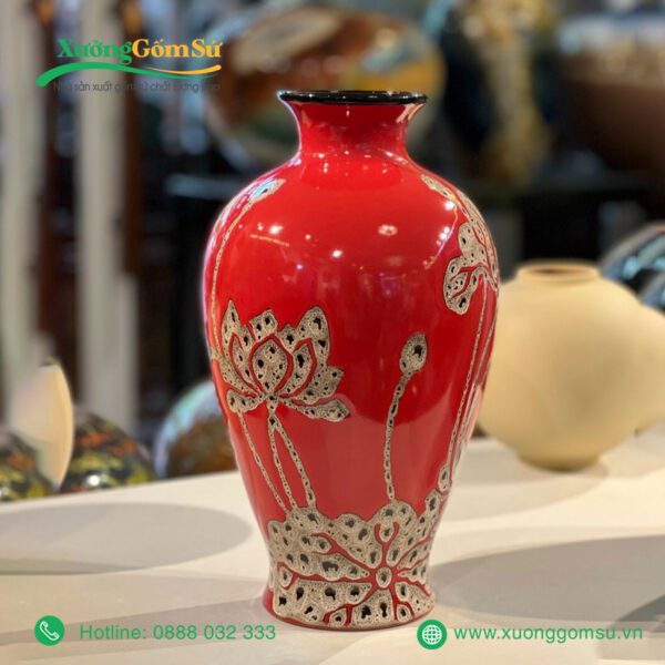 Lọ Hoa Cổ Thắt Men Màu Họa Tiết Sen Gấm