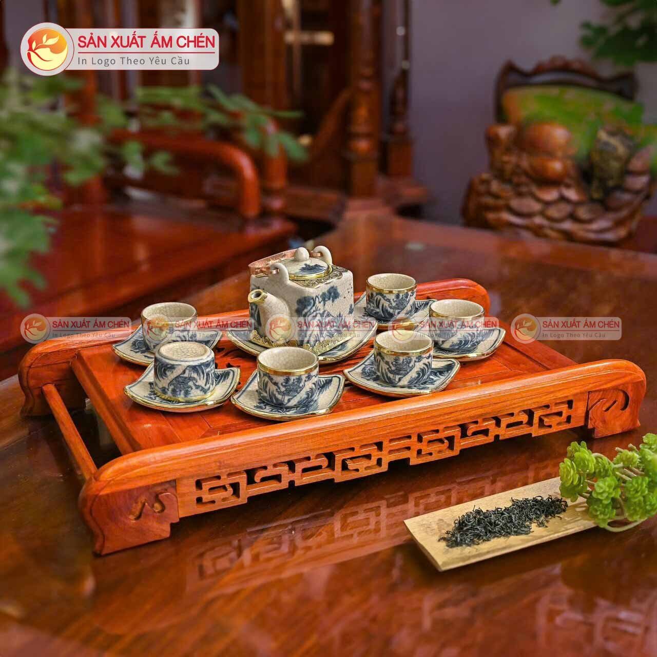 Bộ Ấm Trà Men Rạn Cổ Dáng Vuông Vẽ Sơn Thủy
