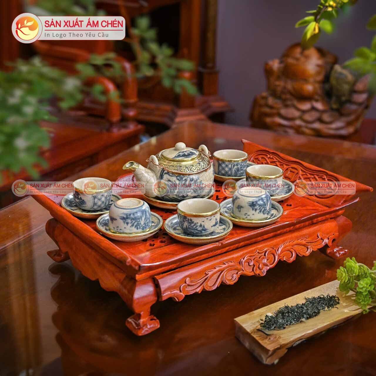 Bộ Ấm Trà Men Rạn Cổ Dáng Vuông Vẽ Sơn Thủy