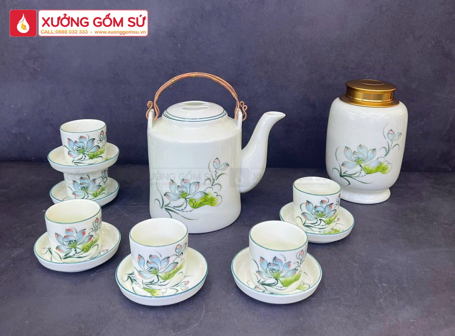 Bộ Ấm Tích Quai Đồng Họa Tiết Hoa Sen Xanh