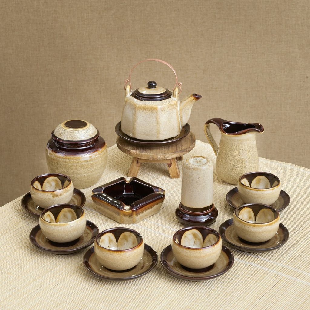 Bộ Ấm Chén Men Hoả Biến Bát Tràng Kèm Phụ Kiện