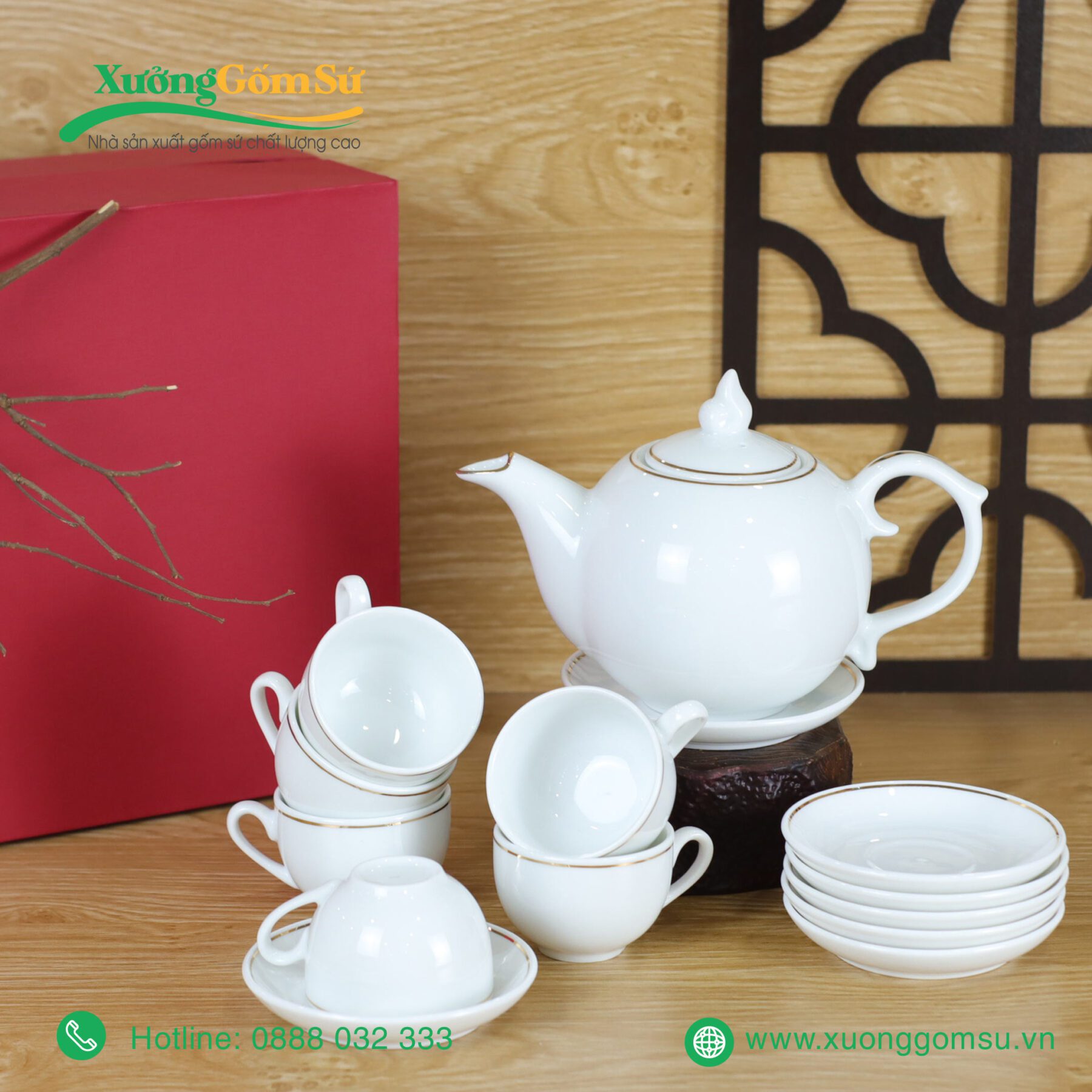 Ấm chén vẽ vàng in logo