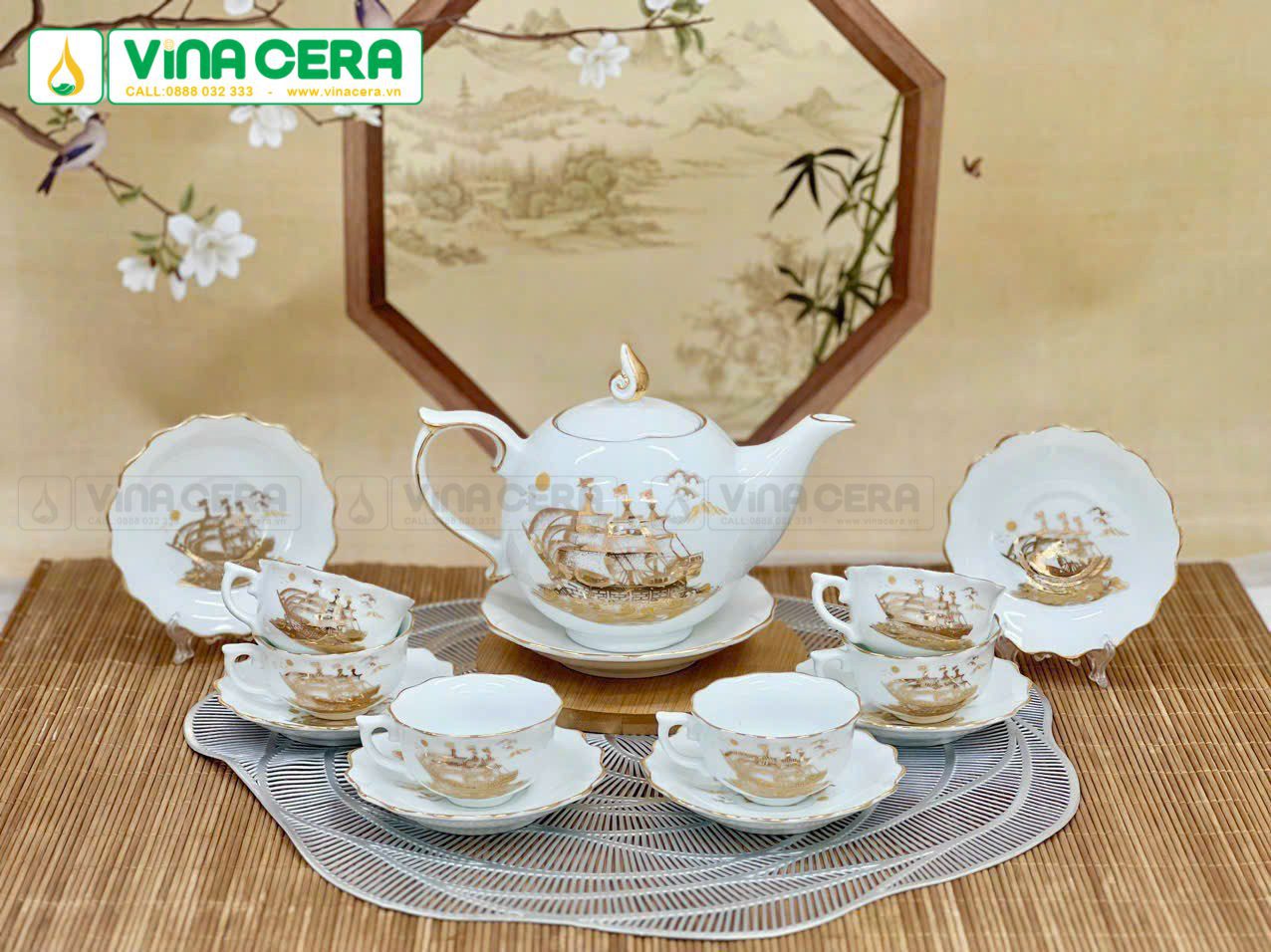 Ấm chén vẽ vàng in logo