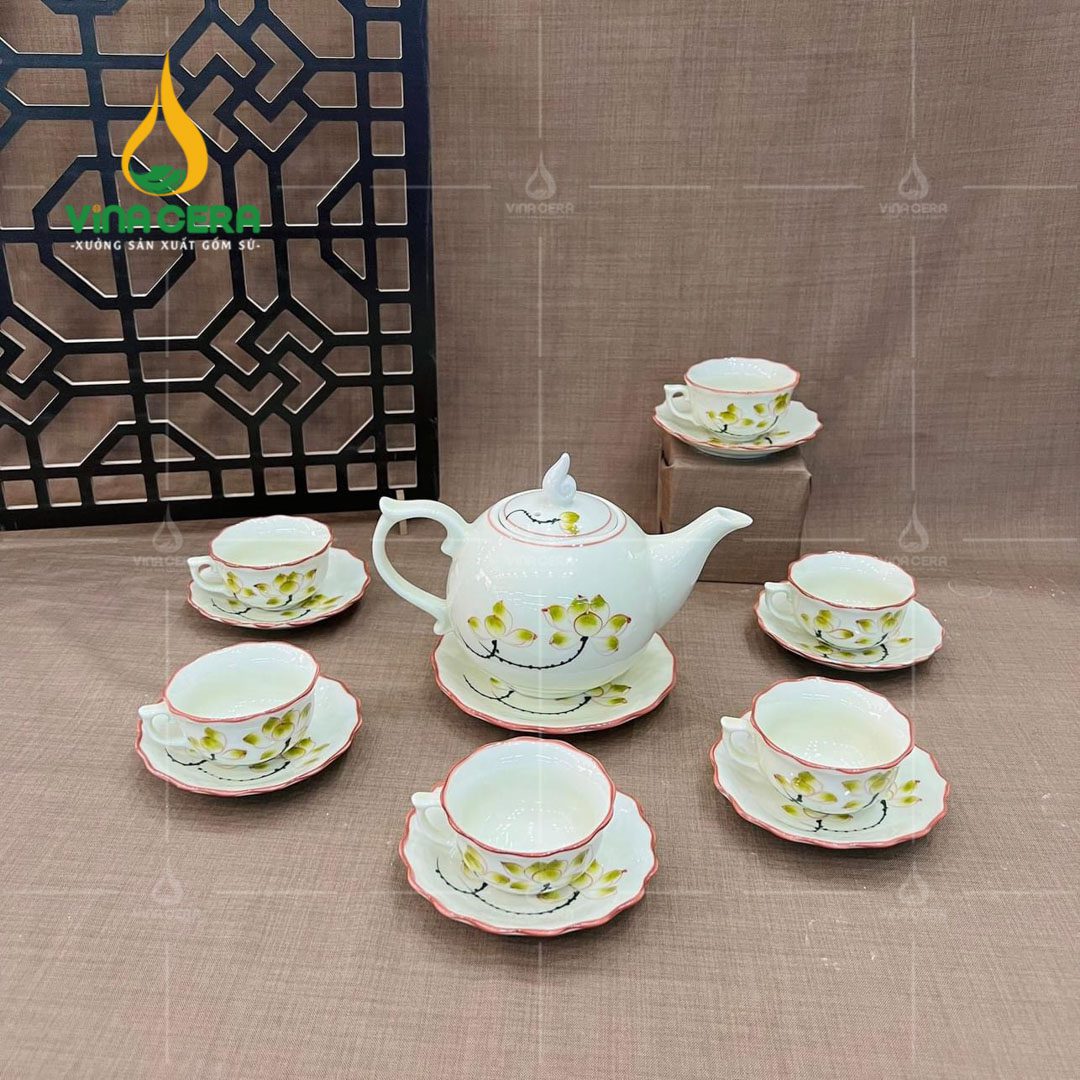 Bộ ấm trà sứ Bát Tràng vẽ sen xanh