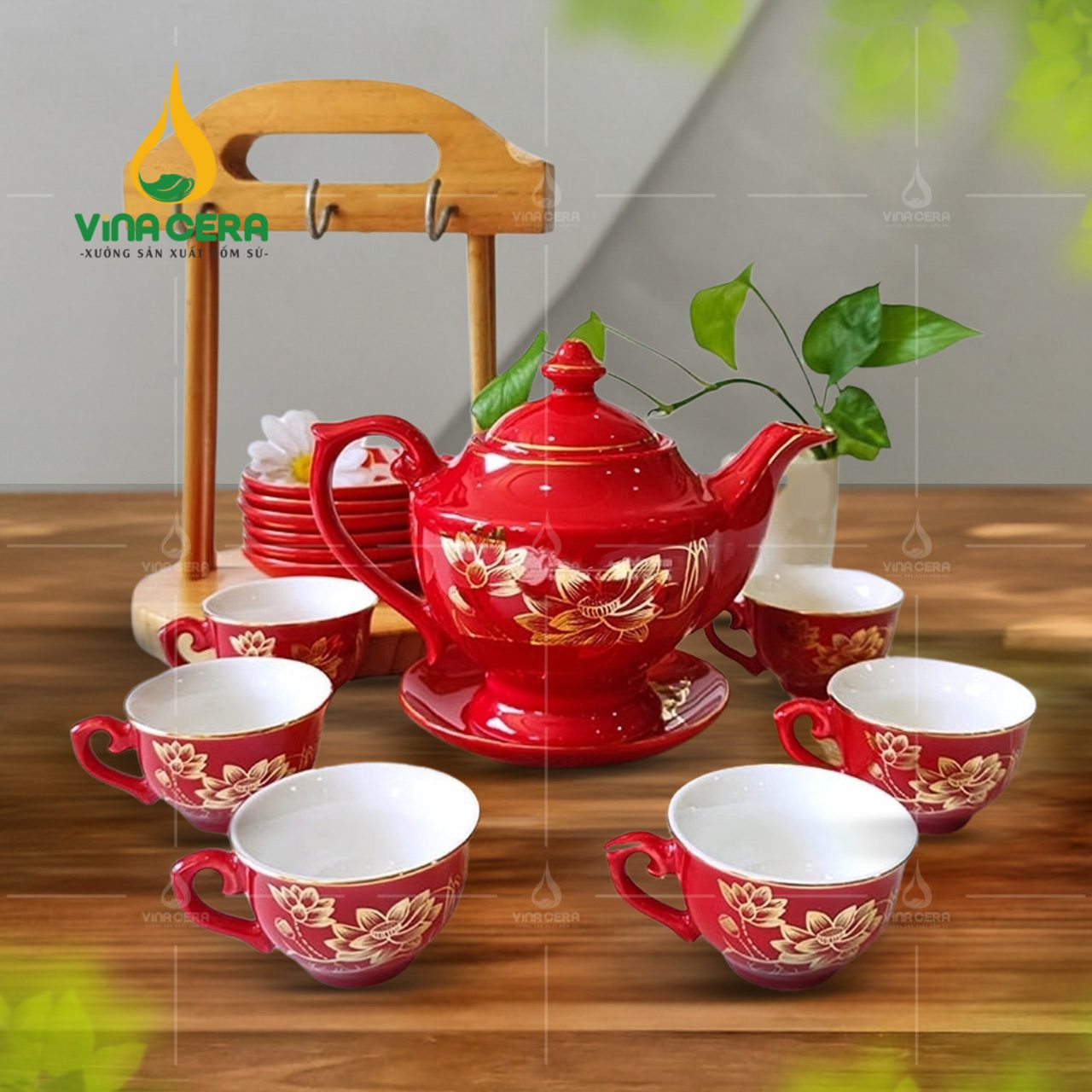 Bộ ấm trà sứ đèn thần men đỏ sen vàng