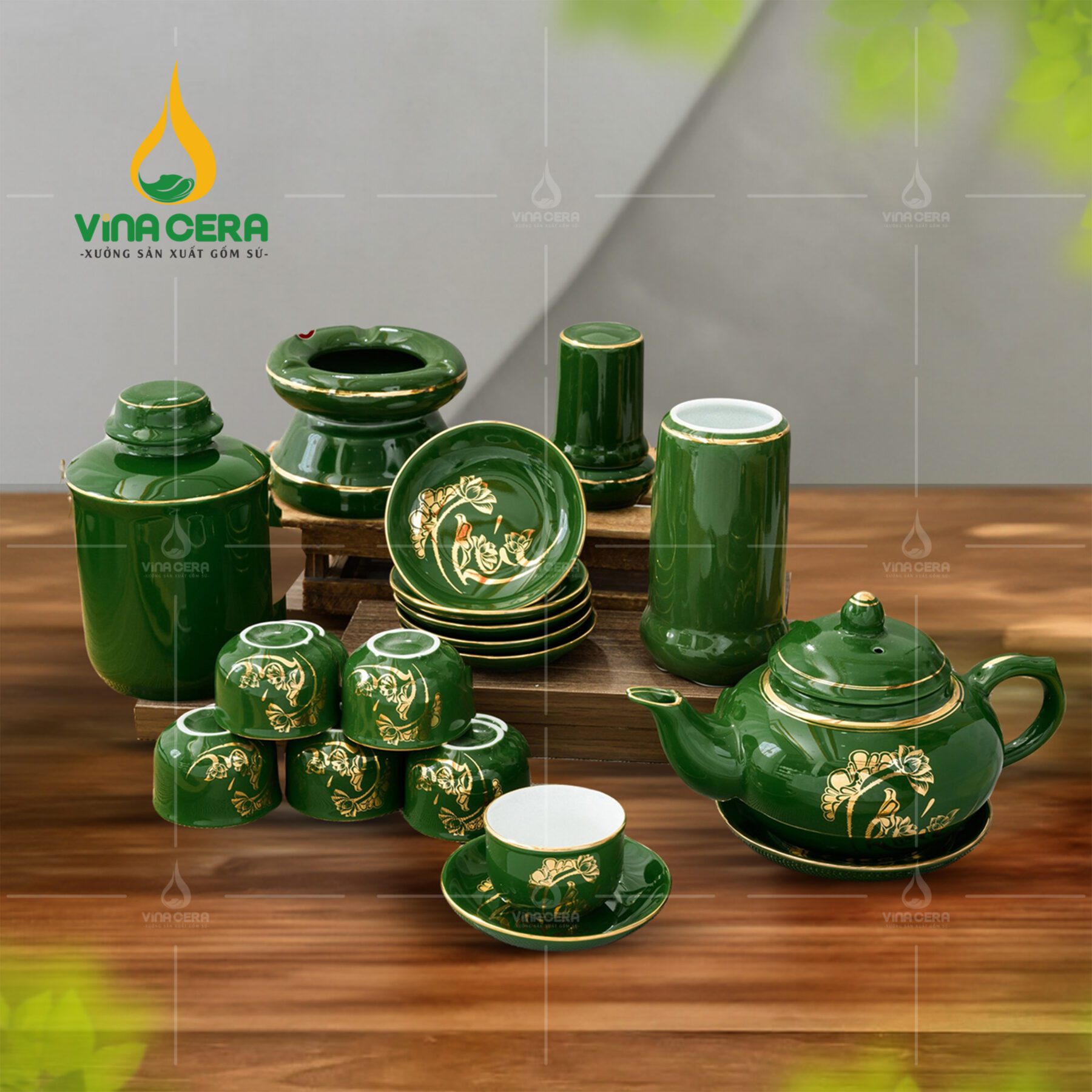 Bộ ấm trà sứ men lục bảo vàng kim