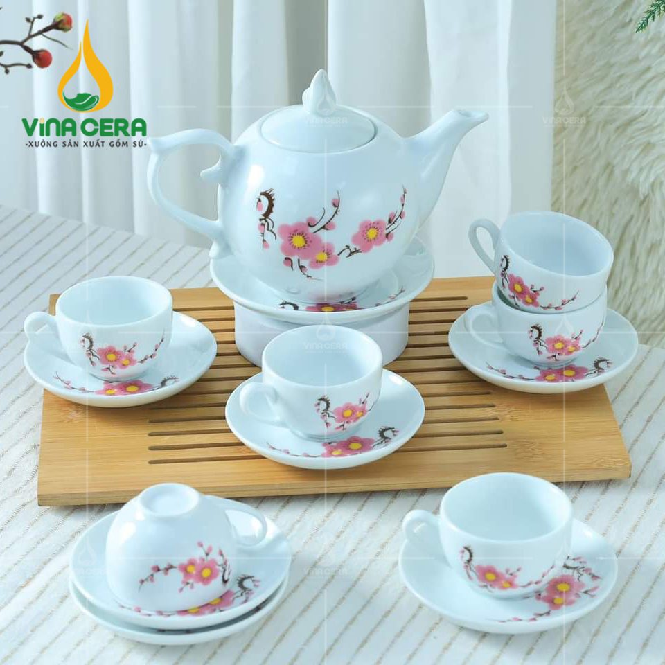 Bộ ấm trà sứ trắng vẽ hoa đào in logo