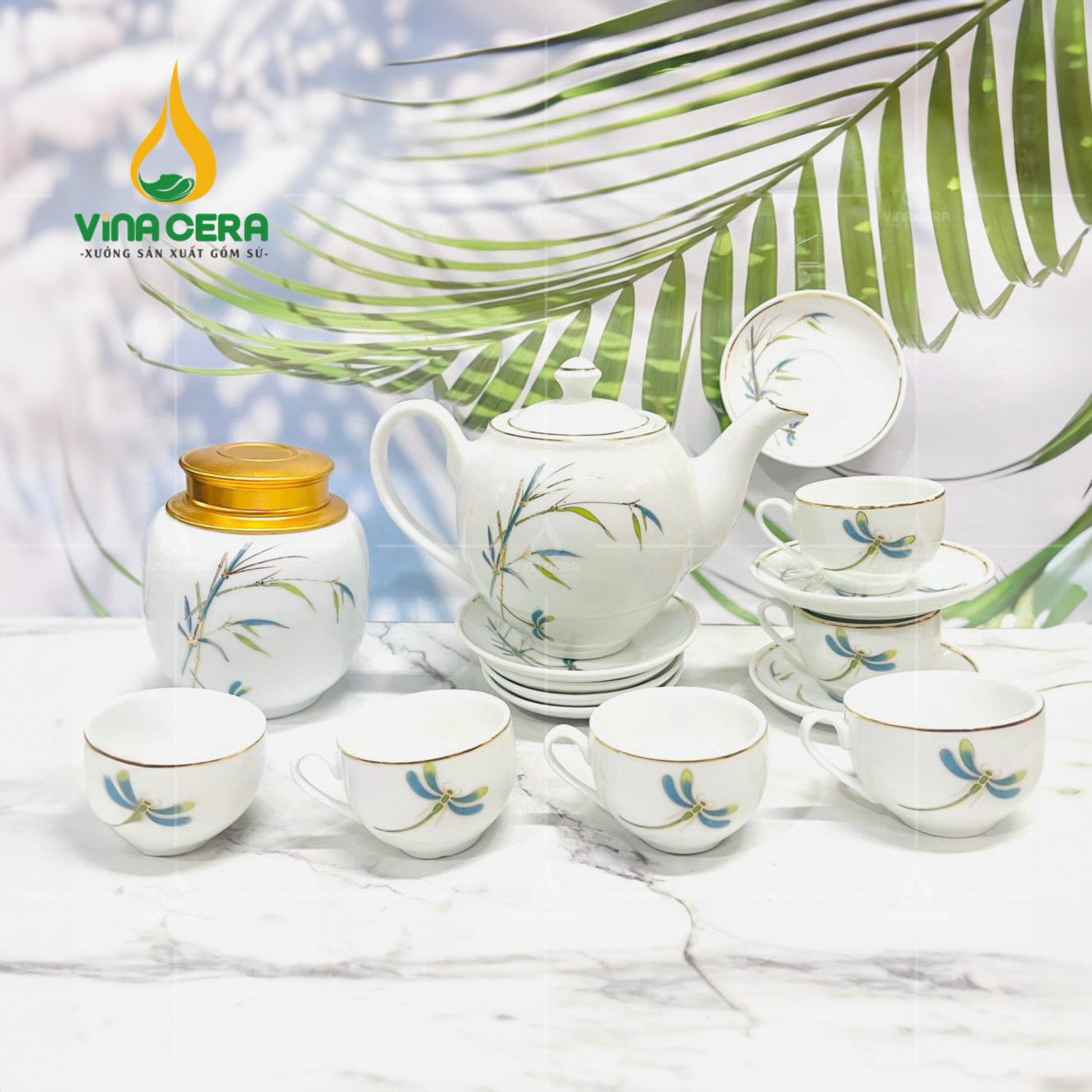 Bộ ấm chén hoa văn Trúc Chuồn