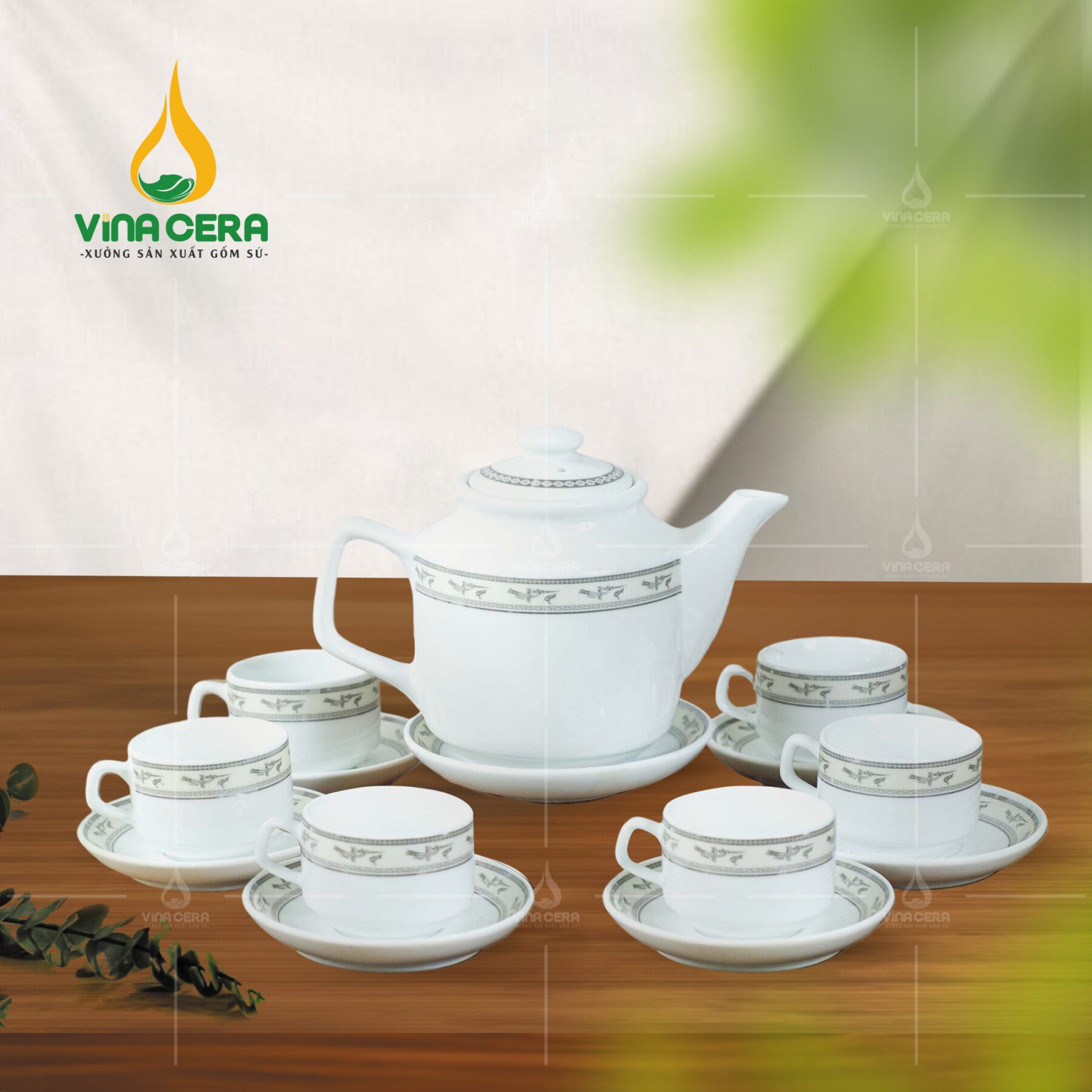 Bộ ấm trà sứ vuông cao chim hạc bạch kim