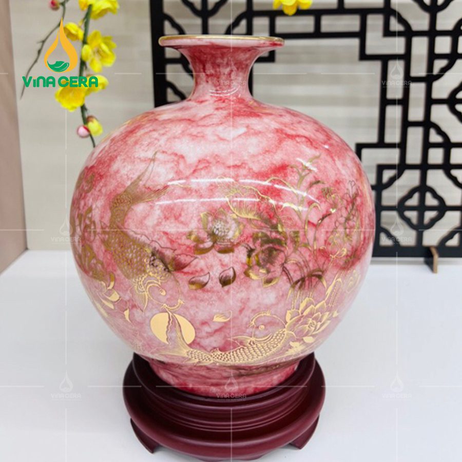 Bình Hút Lộc Men Vân Đá hoa văn Sen Cá