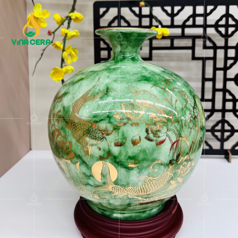 Bình Hút Lộc Men Vân Đá hoa văn Sen Cá