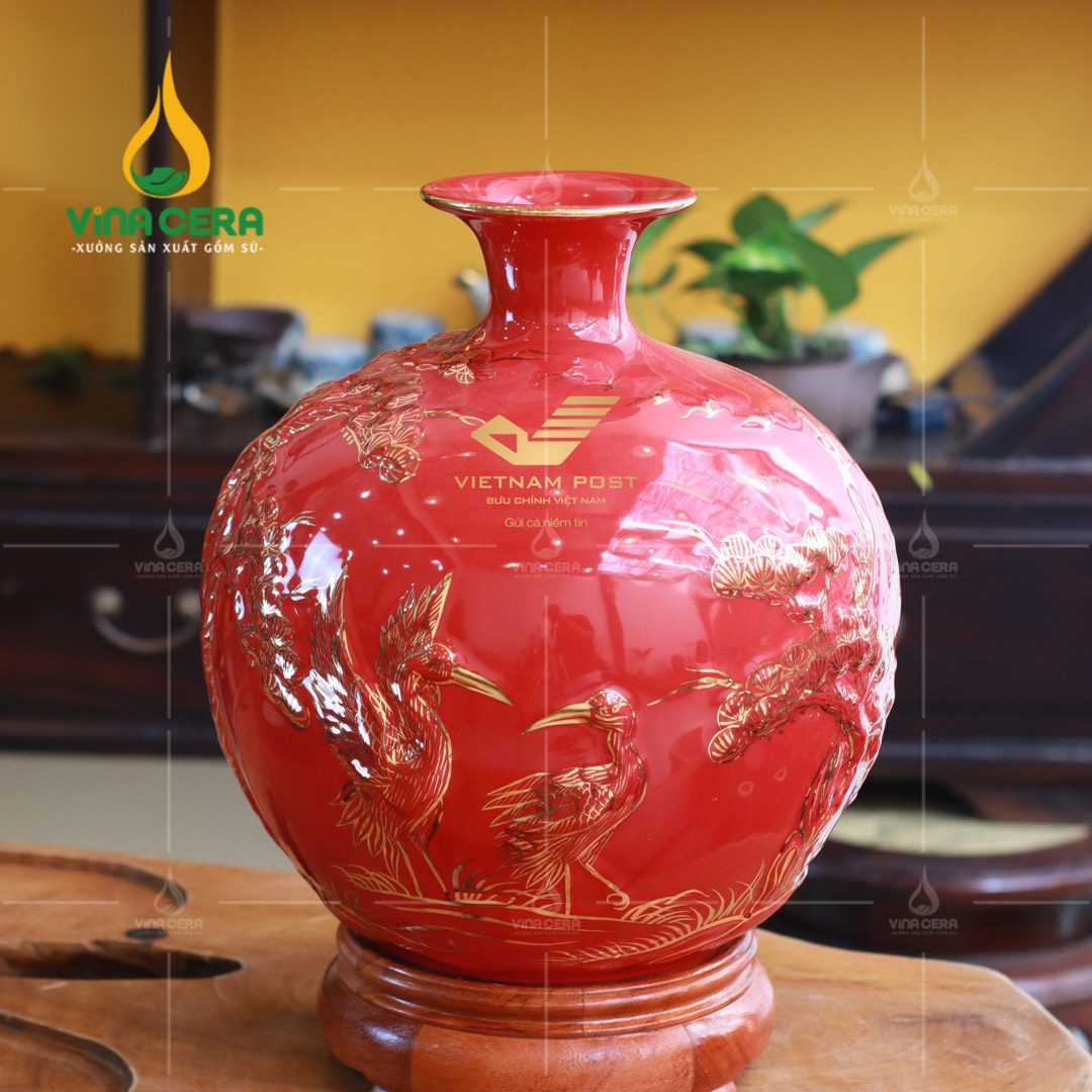 Bình hút lộc đắp nổi viền vàng Tùng Hạc