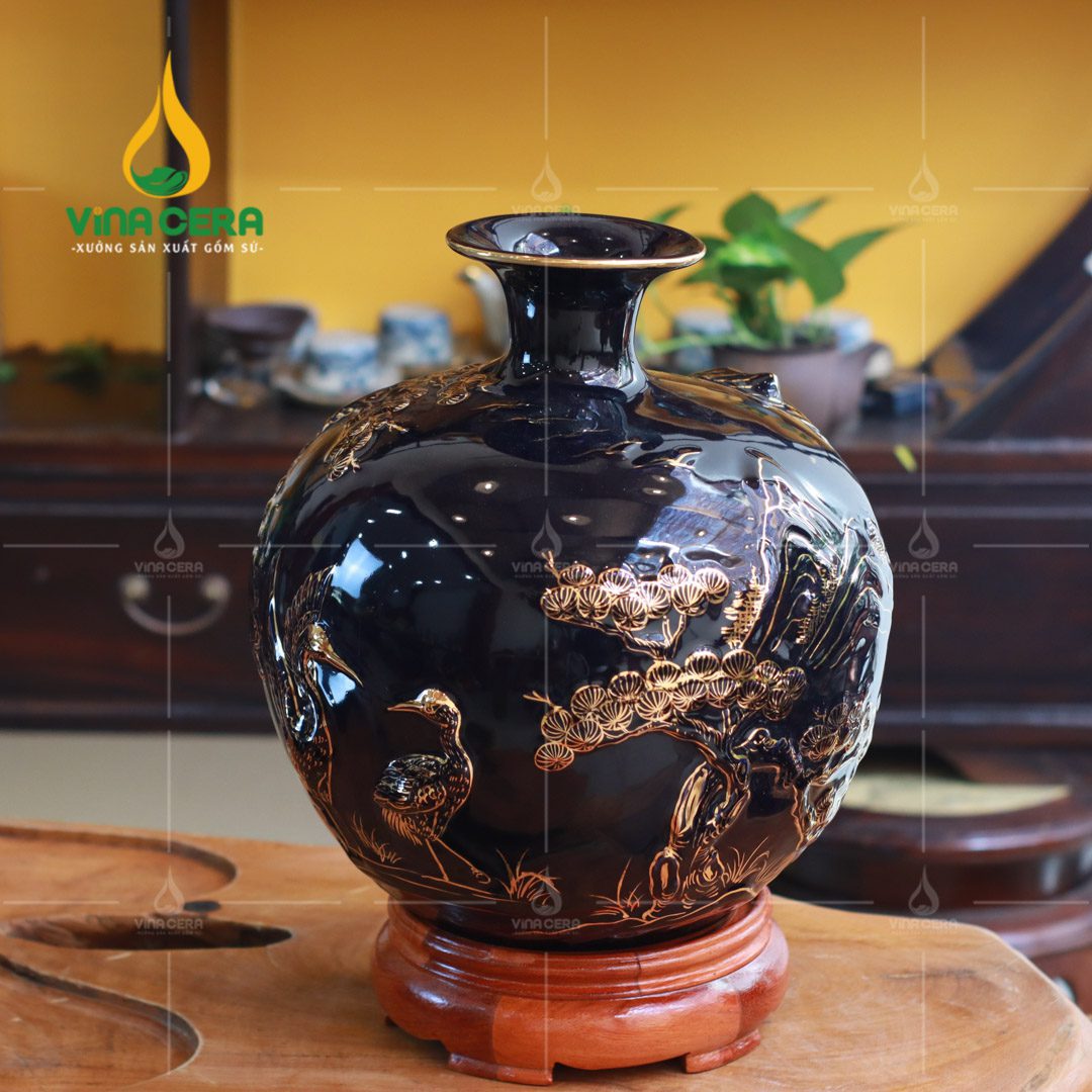 Bình hút lộc đắp nổi viền vàng Tùng Hạc