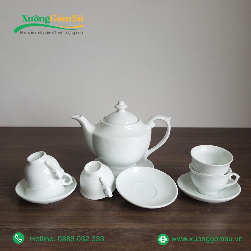 Bộ Ấm Chén Sứ Trắng Dáng Đèn Thần