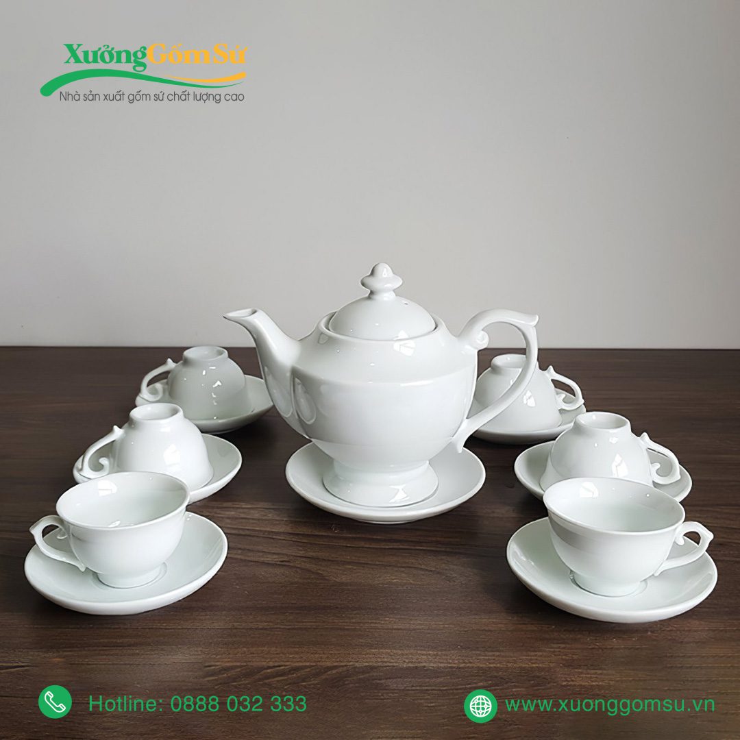 Bộ Ấm Chén Sứ Trắng Dáng Đèn Thần