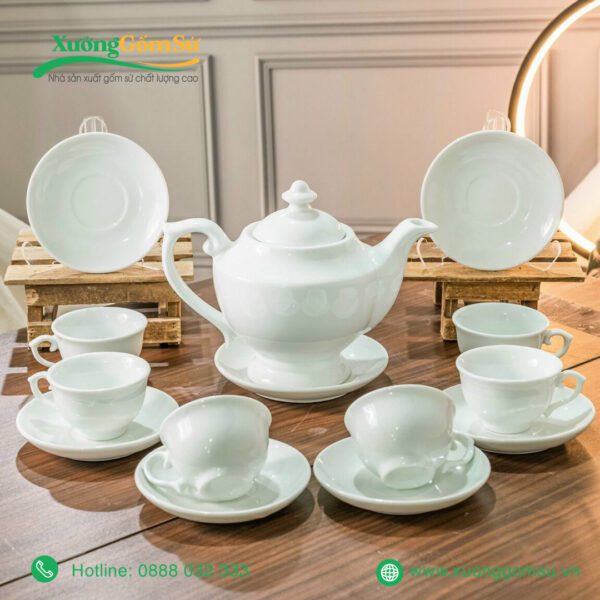 Bộ Ấm Chén Sứ Trắng Dáng Đèn Thần