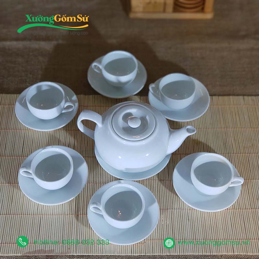 Bộ ấm chén sứ trắng dáng lõm