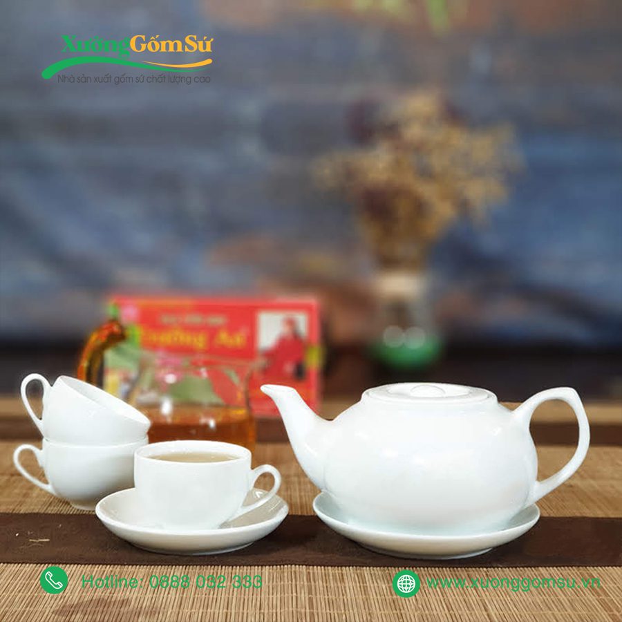 Bộ ấm chén sứ trắng dáng lõm