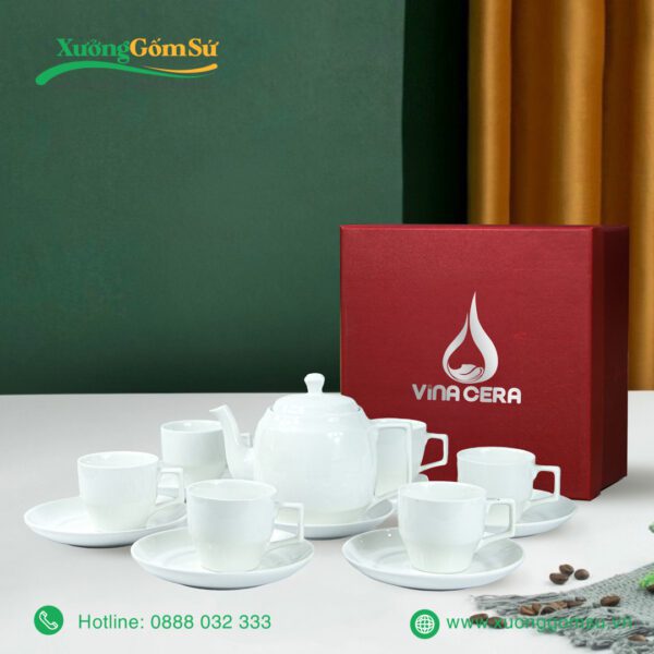 Bộ ấm chén sứ trắng quai vuông