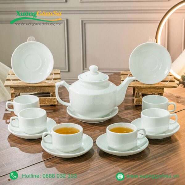 Bộ Ấm Chén Sứ Trắng Vuông Lùn