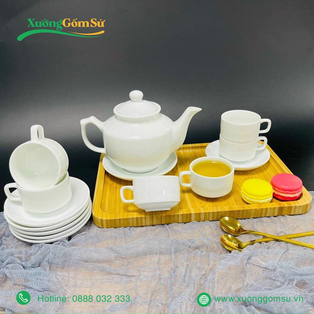 Bộ Ấm Chén Sứ Trắng Vuông Lùn
