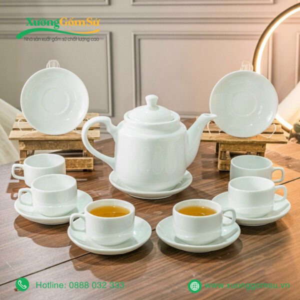 Bộ Ấm Chén Vuông Cao Sứ Trắng