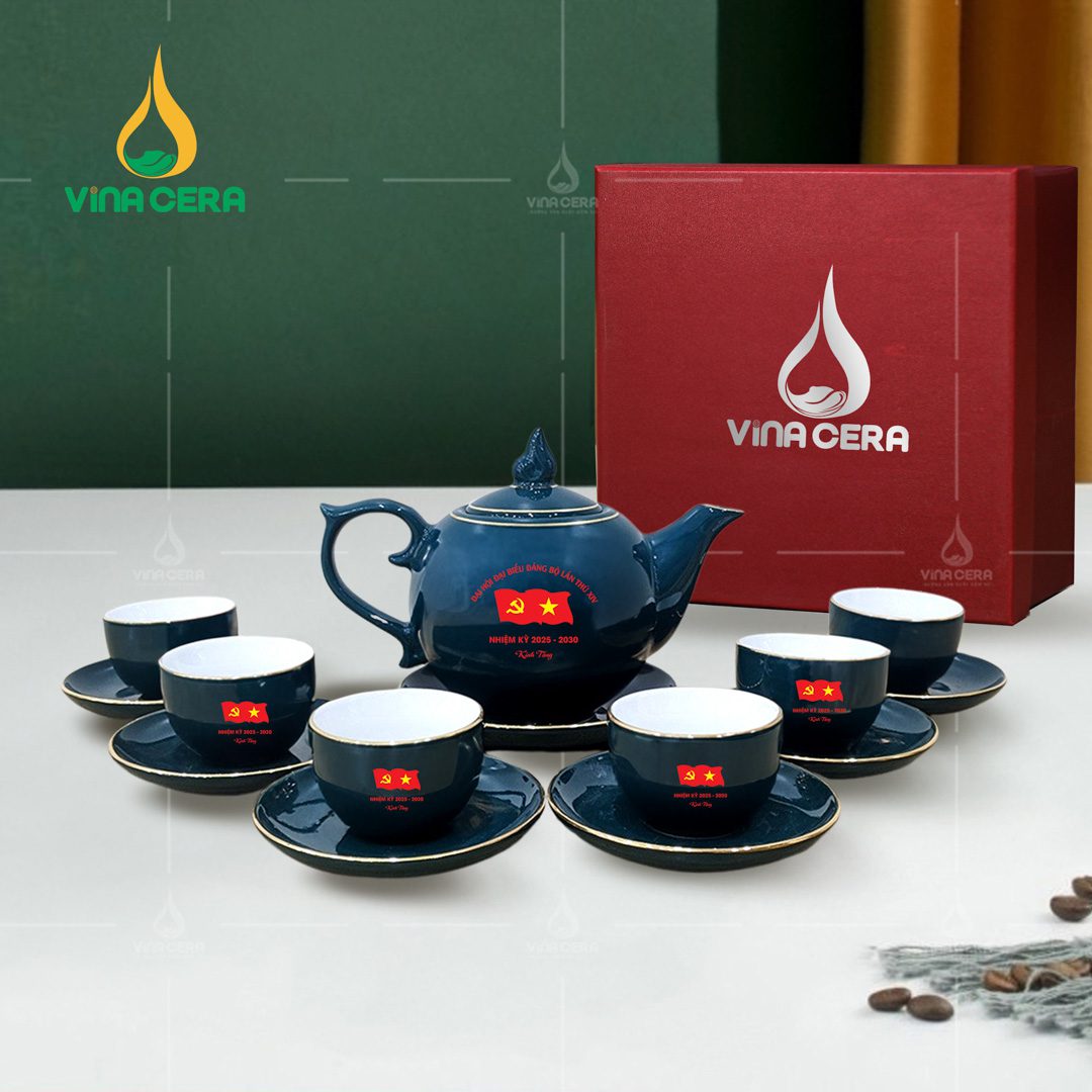 Bộ ấm trà sứ men màu in logo Đại hội