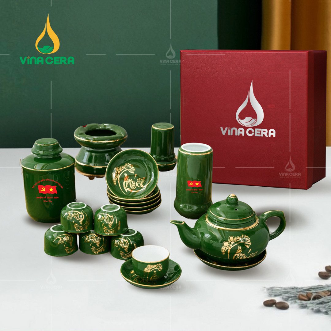 Bộ ấm trà sứ men màu in logo Đại hội