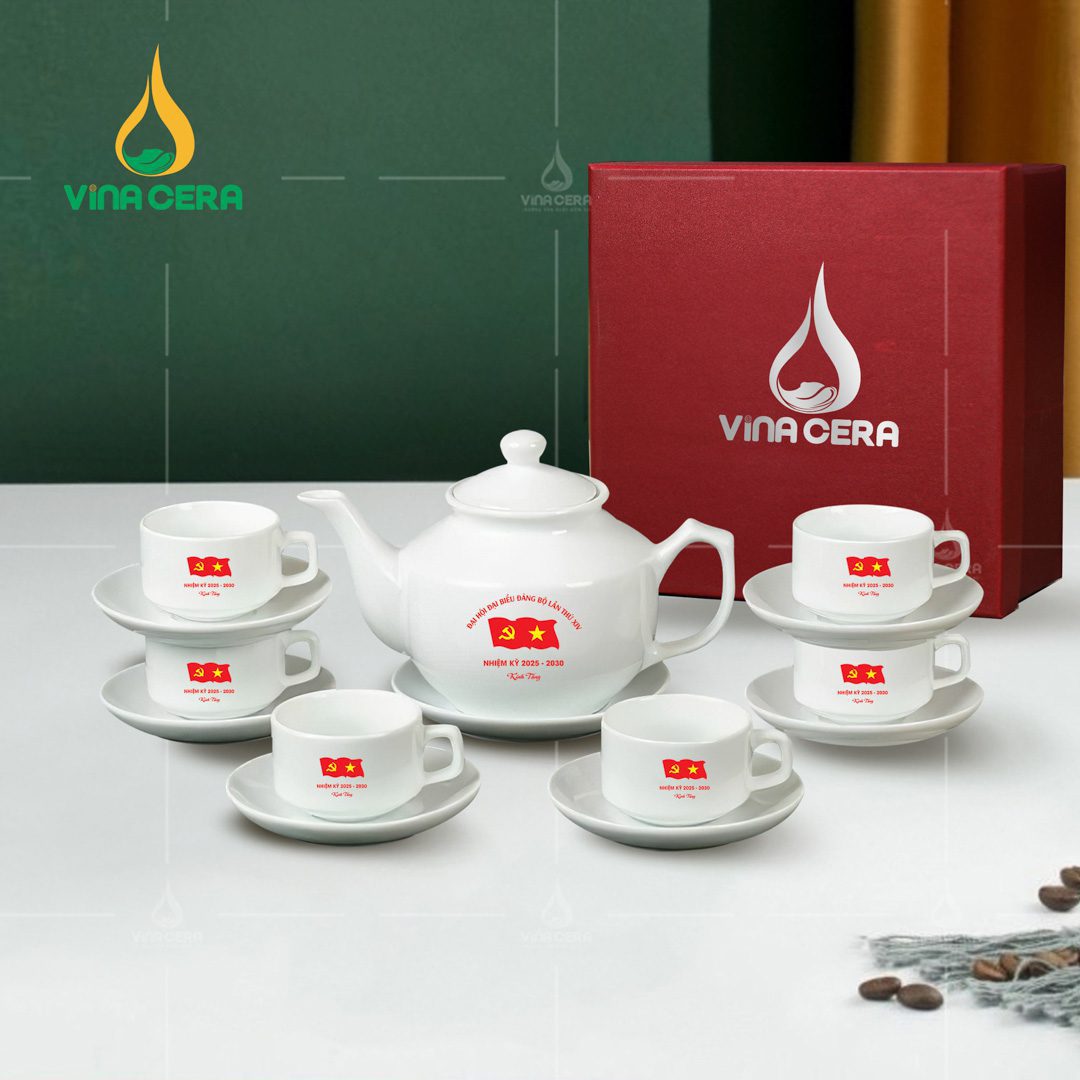 Bộ ấm trà sứ trắng in logo Đại hội