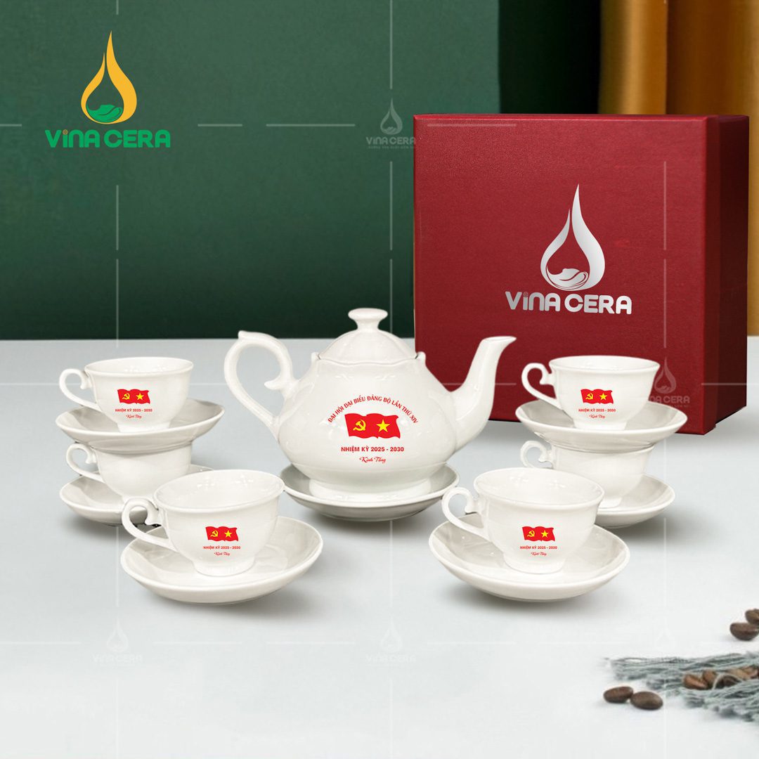 Bộ ấm trà sứ trắng in logo Đại hội