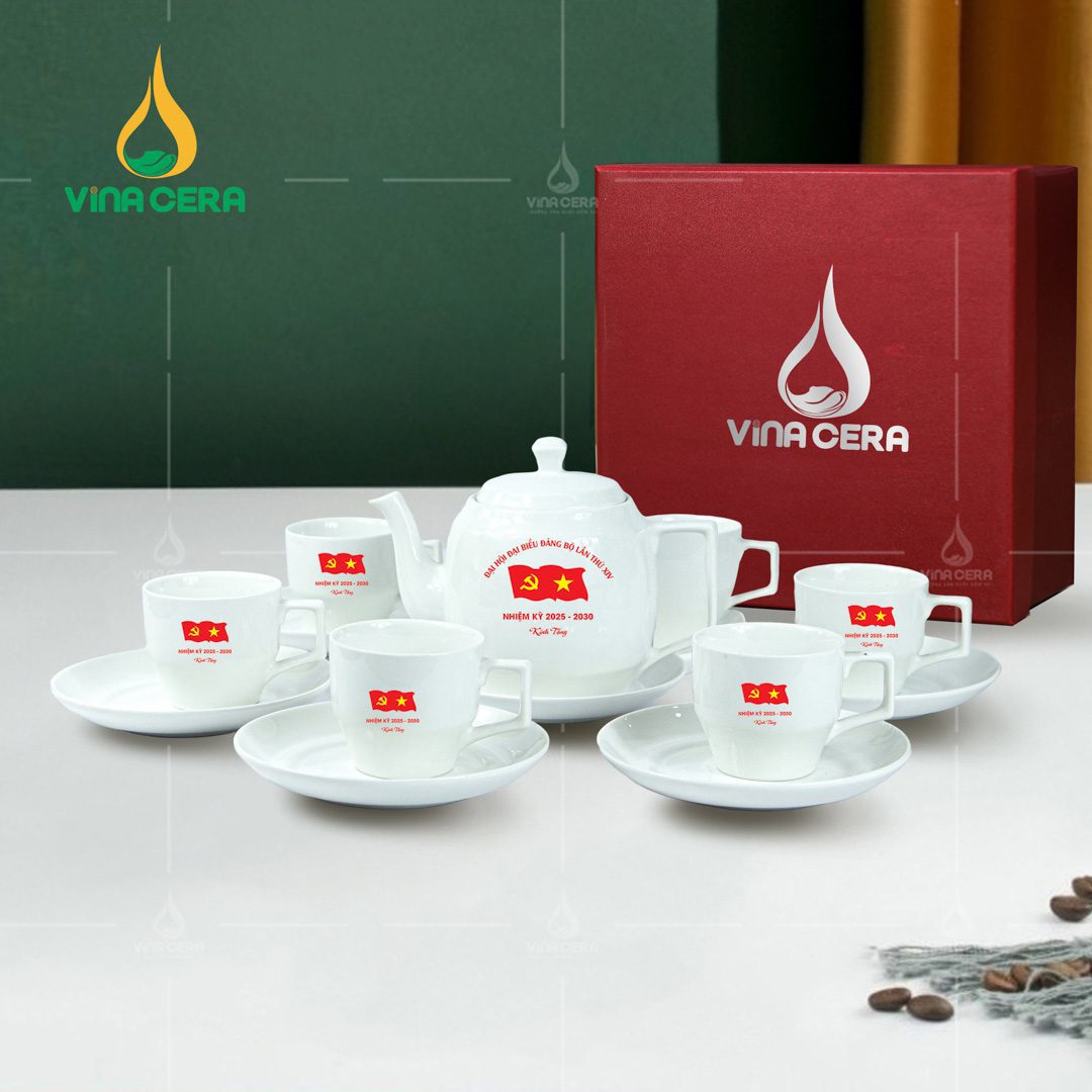 Bộ ấm trà sứ trắng in logo Đại hội