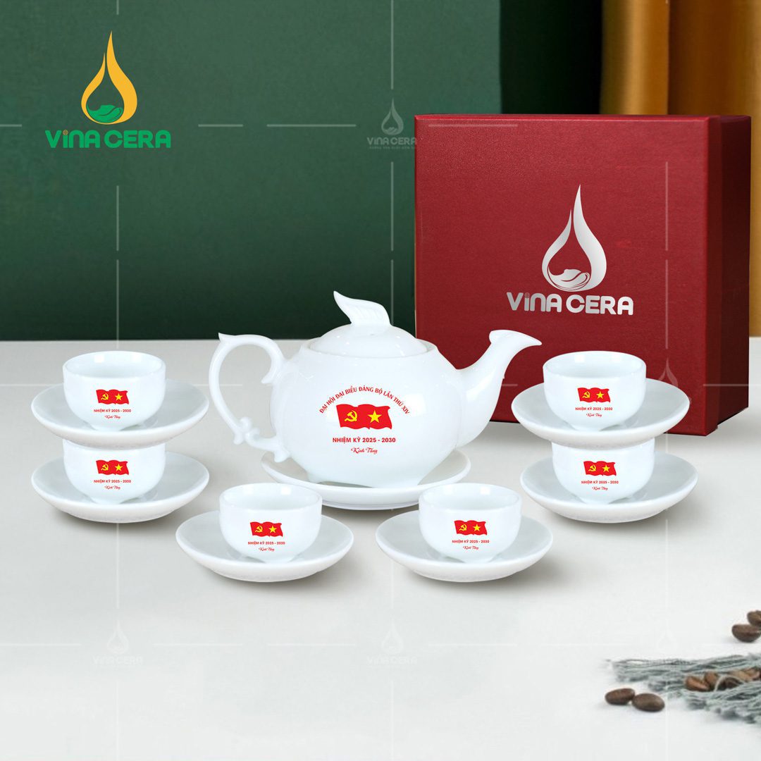 Bộ ấm trà sứ trắng in logo Đại hội