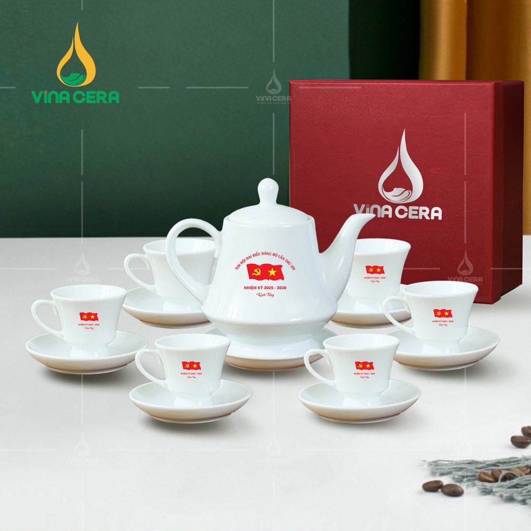 Bộ ấm trà sứ trắng in logo Đại hội