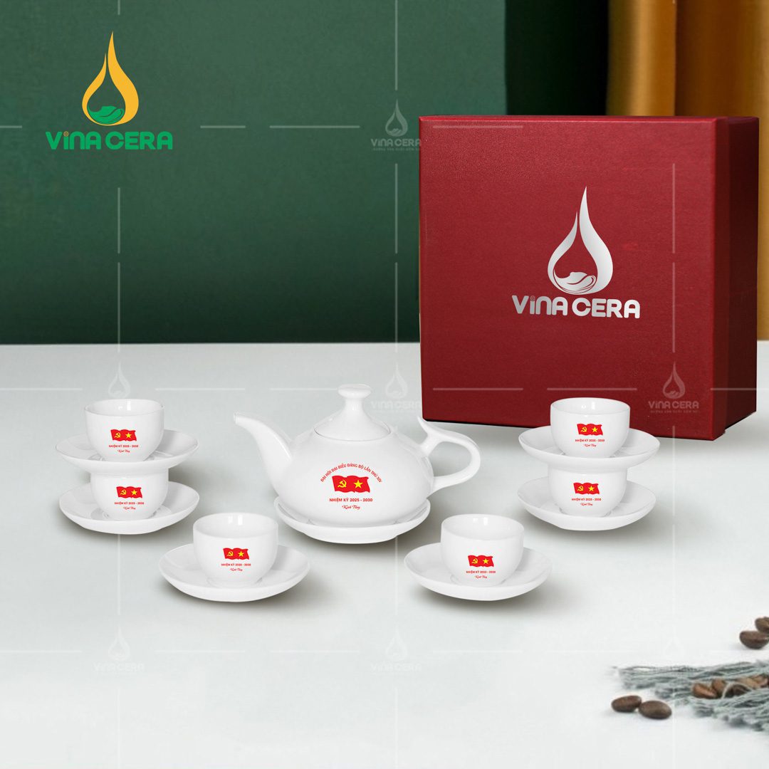 Bộ ấm trà sứ trắng in logo Đại hội