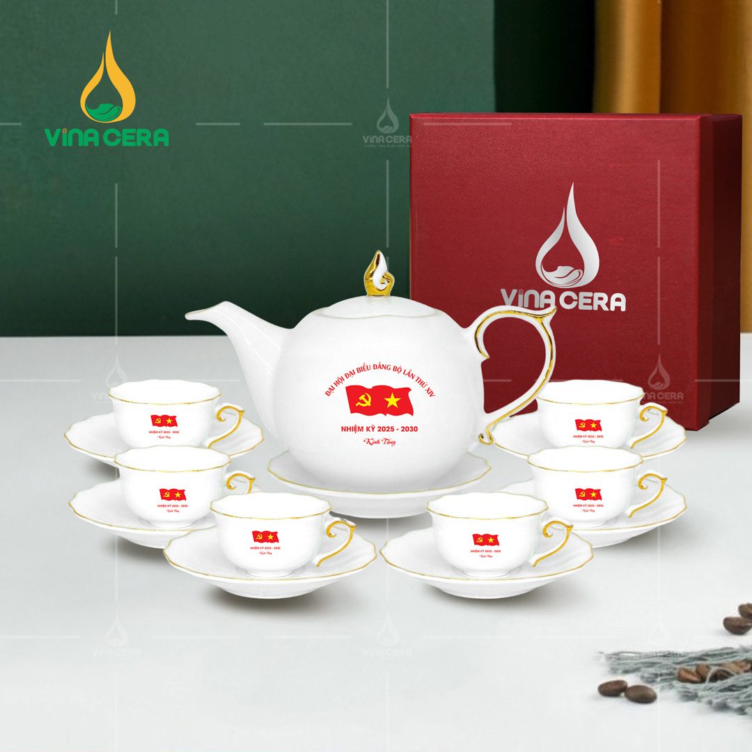 Bộ ấm trà sứ trắng kẻ chỉ in logo Đại hội