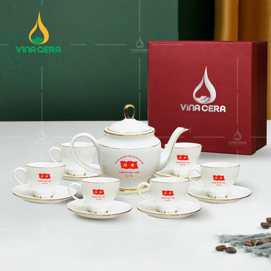 Bộ ấm trà sứ trắng kẻ chỉ in logo Đại hội
