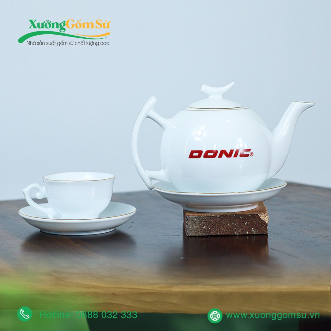 Bộ Ấm Chén Sứ Trắng Dáng Trăng Khuyết Viền Kim