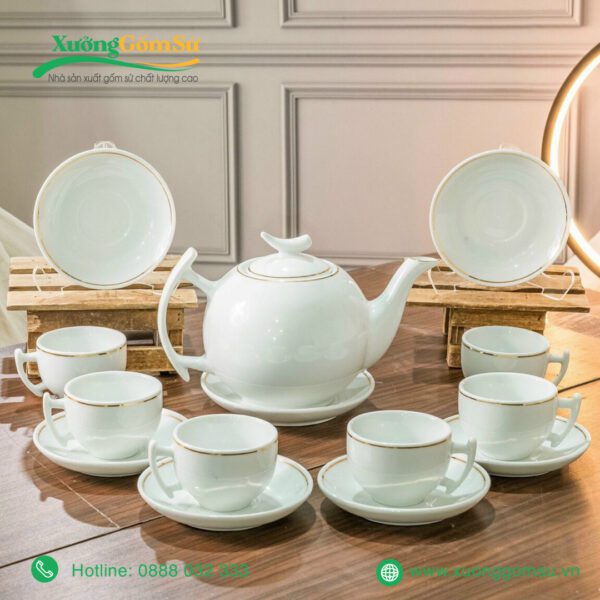 Bộ Ấm Chén Sứ Trắng Dáng Trăng Khuyết Viền Kim