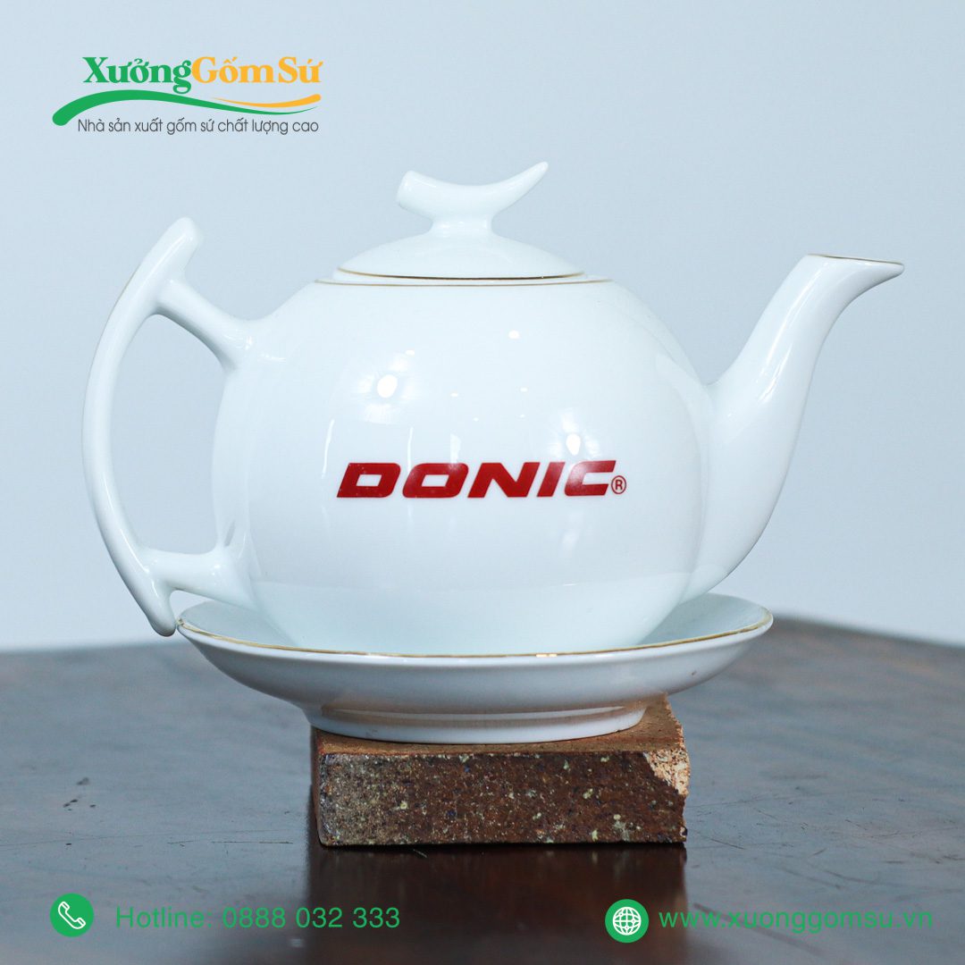 Bộ Ấm Chén Sứ Trắng Dáng Trăng Khuyết Viền Kim