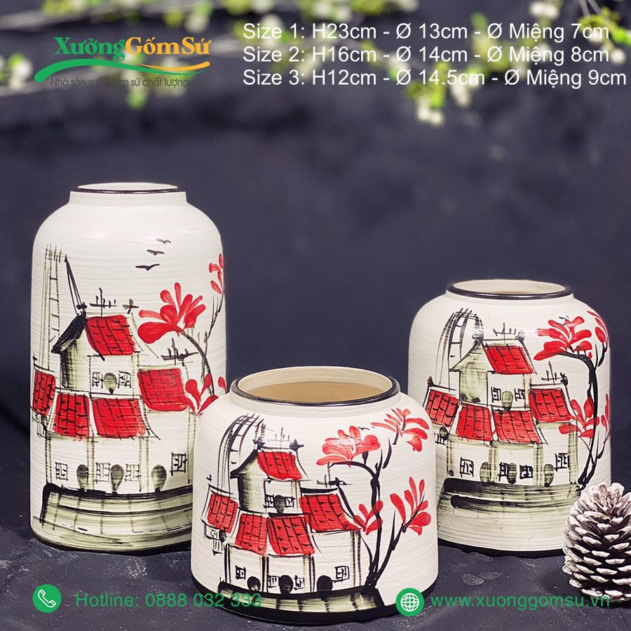 Lọ hoa gốm Bát Tràng men kem vẽ Phố Cổ