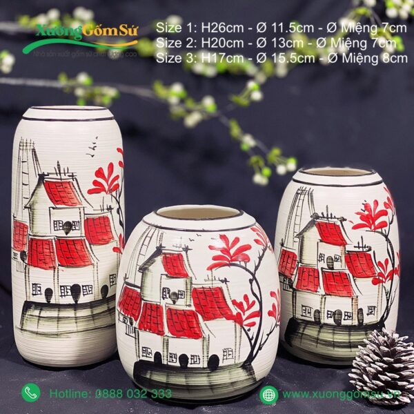 Lọ hoa gốm Bát Tràng men kem vẽ Phố Cổ