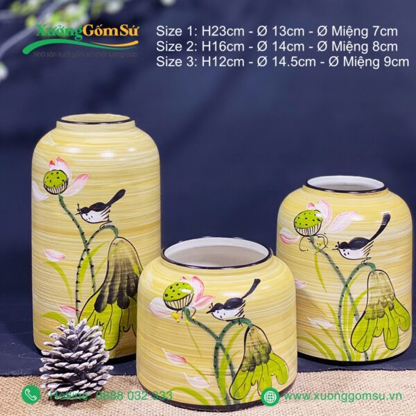 Lọ hoa gốm Bát Tràng men vàng hoa văn vẽ tay