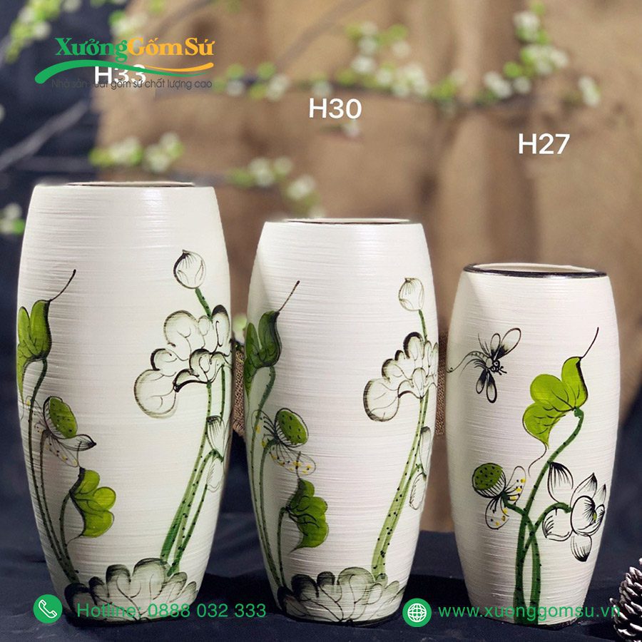 Lọ hoa gốm sứ Bát Tràng vẽ tay hoa sen chuồn