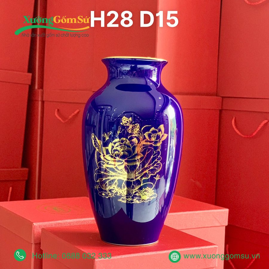 Lọ hoa men màu họa tiết hoa sen in logo Đại hội