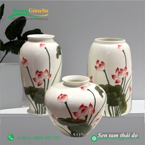 Lọ hoa sứ Bát Tràng họa tiết hoa sen hồng lá xanh