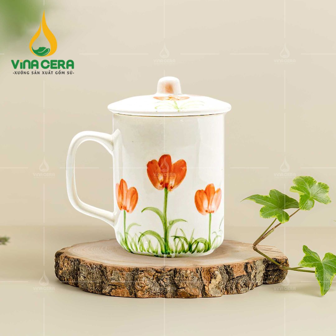 Ly sứ có nắp cao cấp vẽ hoa văn