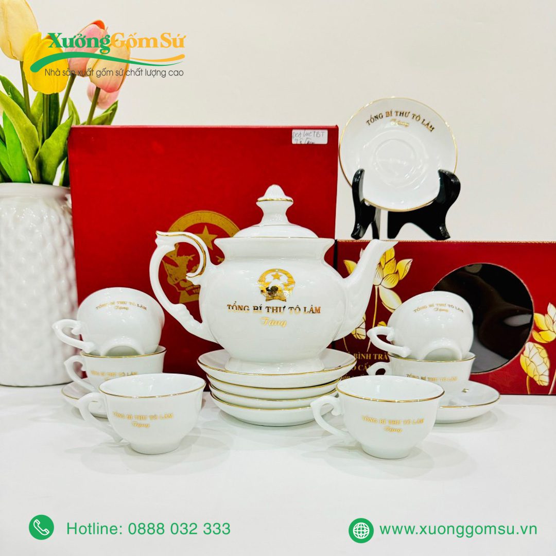 Bộ ấm chén đài các chỉ vàng Bát Tràng