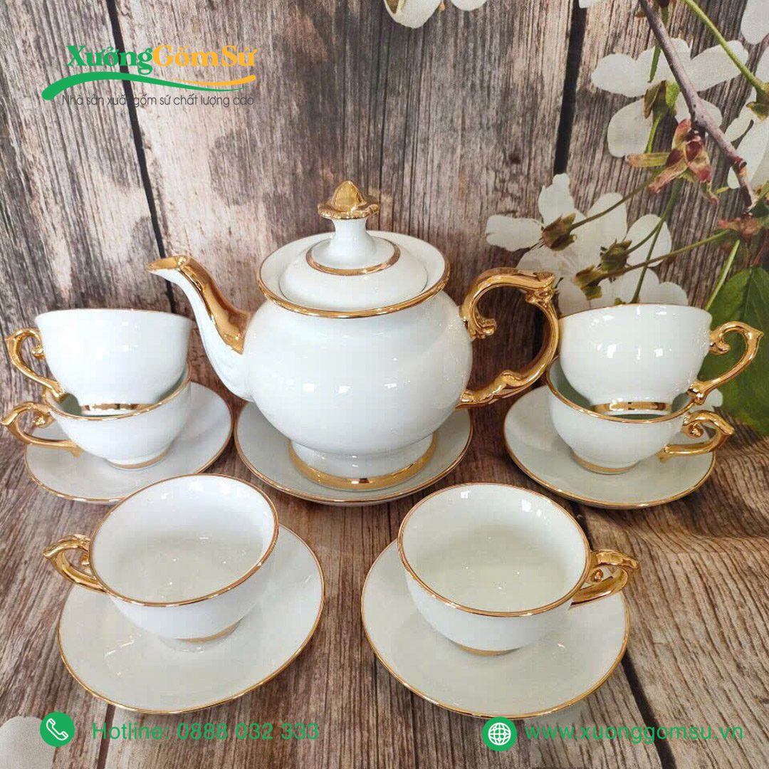 Bộ ấm chén đài các chỉ vàng Bát Tràng