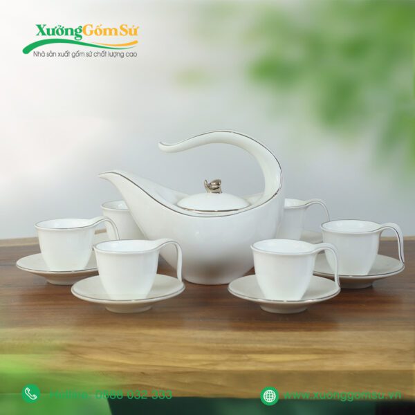 Bộ ấm chén sứ trắng anh vũ viền bạch kim