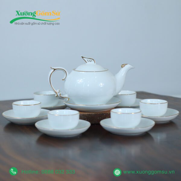 Bộ ấm chén sứ trắng phượng hoàng chỉ vàng